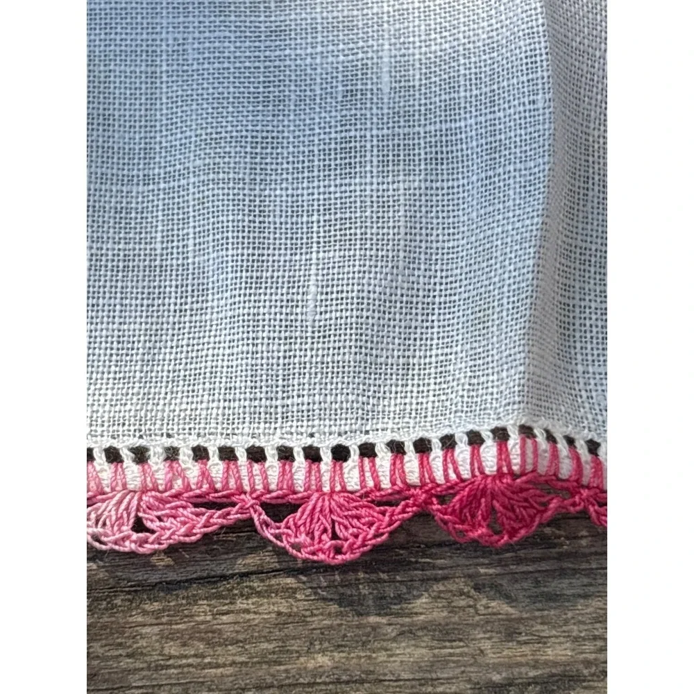 Vintage NWT Irish Linen Handkerchief With Pink Crochet Lace Trim‎